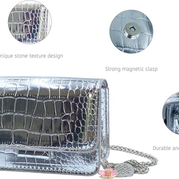 Elegant Silver Crocodile Pattern Mini Clutch - Perfect for Stylish Outings - Picture 2 of 7